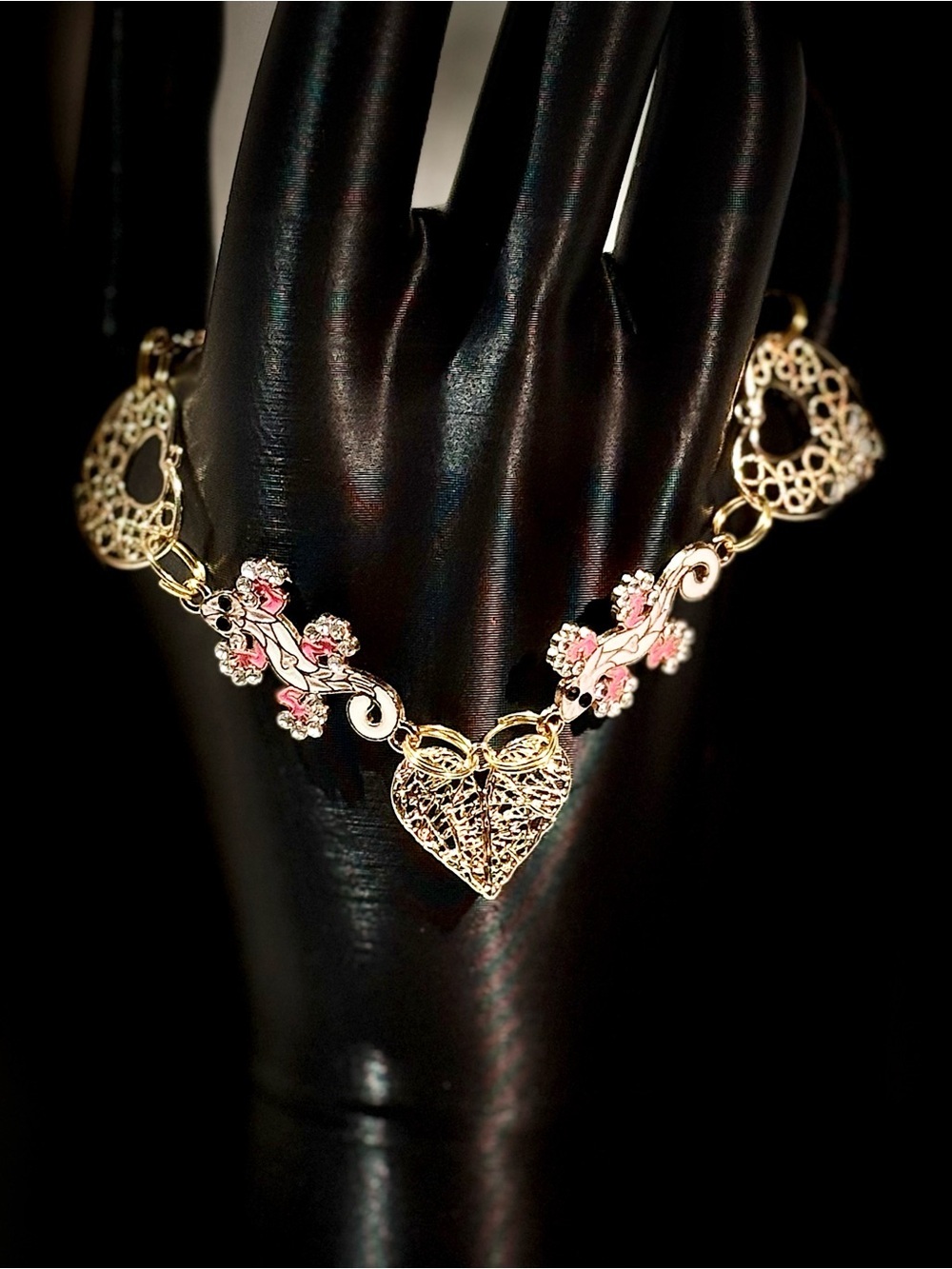 Gold Heart Floral Link Bracelet with Pink Enamel Accents